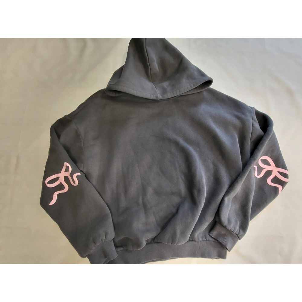Edikted Charcoal Grey Pink Bow Sleeve Graphic Oversized Hoodie Sweatshirt S